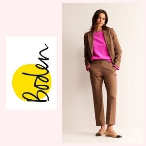 Sz 4P NWT Boden Kew Check Side Stripe Mid-Rise Semi-Fitted Trousers Pink Brown